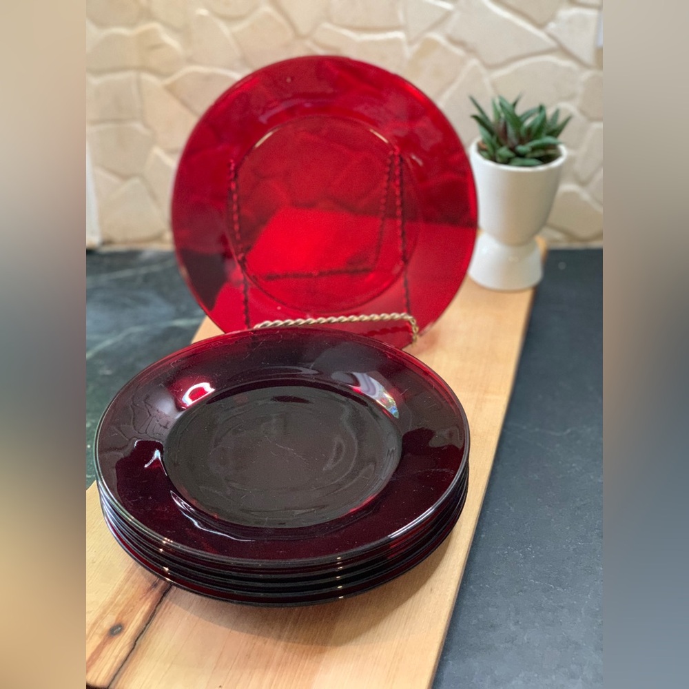 ANCHOR HOCKING | Set of 6 | Ruby Red Glass Side / Salad Plates | 7- 1/2”